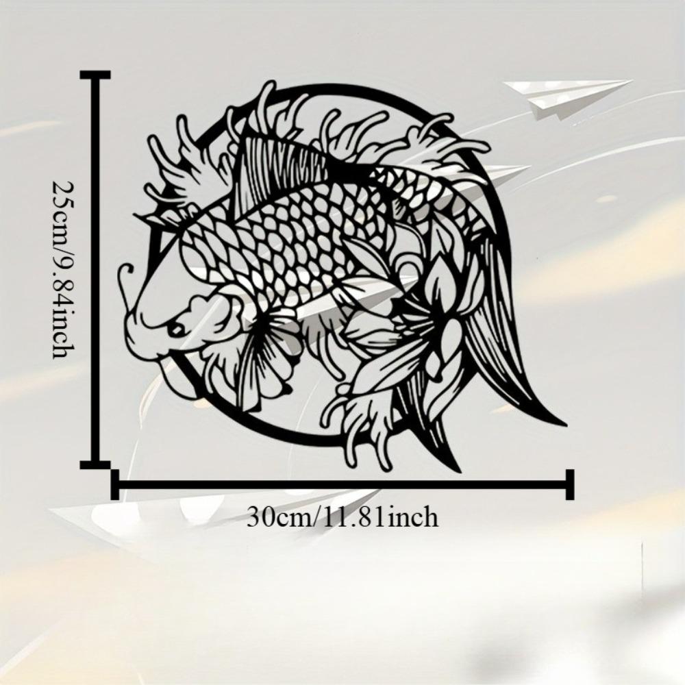 

2D Flat Black Iron Koi Fish Lotus Metal Wall Art, 1pc Oriental Pond Feng Shui Panel for Indoor Outdoor Zen Asian Home Decor 12in