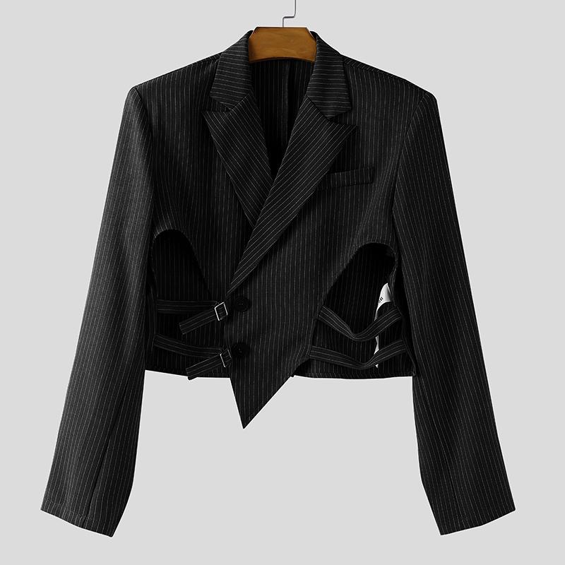 

INCERUN Men Lapel Neck Long Sleeve Buttons Striped Cutout Irregular Short Coats Blazer S чёрный
