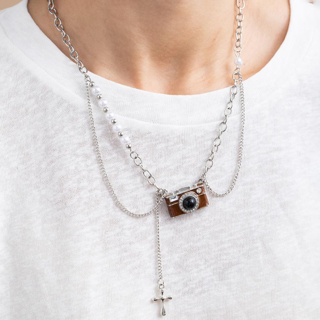 British Retro Brown Camera Pearl Cross Necklace, Simple Fashion Trend Temperament Sweater Necklace
