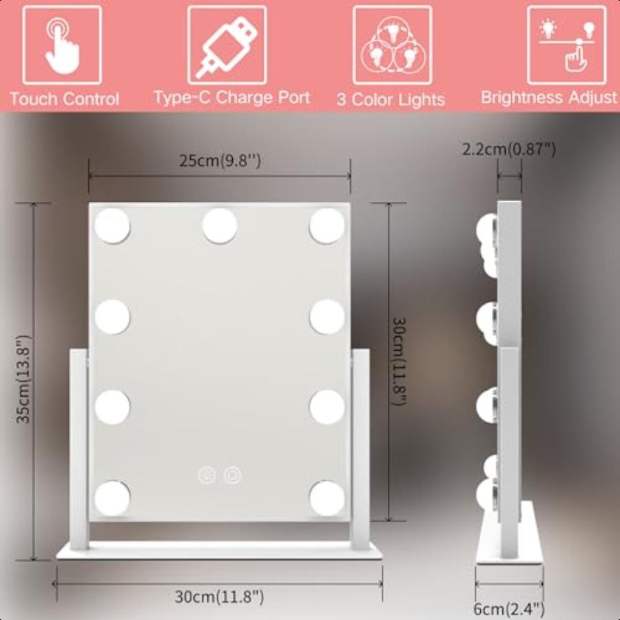 

Зеркало для макияжа с подсветкой для стола или общежития, с регулируемой яркостью, 9 светодиодных ламп, 3 цвета подсветки, сенсорное управление, питание от USB, портативное United States