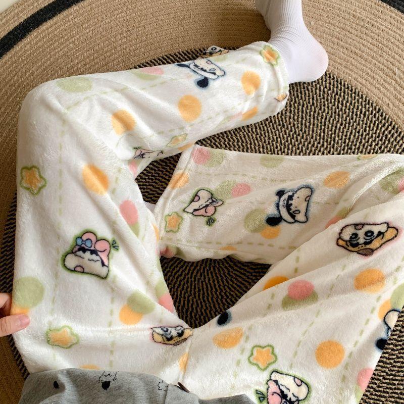 Cute Hello Kitty Women's Coral Fleece Pajama Pants Cartoon Kitty Sleepwear Loungewear