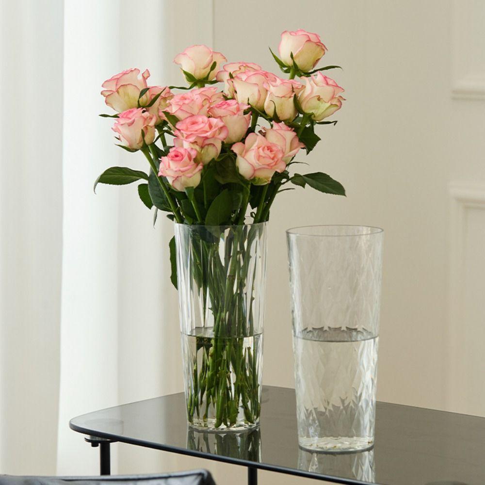Modern Acrylic Clear Flower Vase Transparent Unbreakable Cylinder Vases Ribbed Design Flower Arrangement Hydroponic Decor