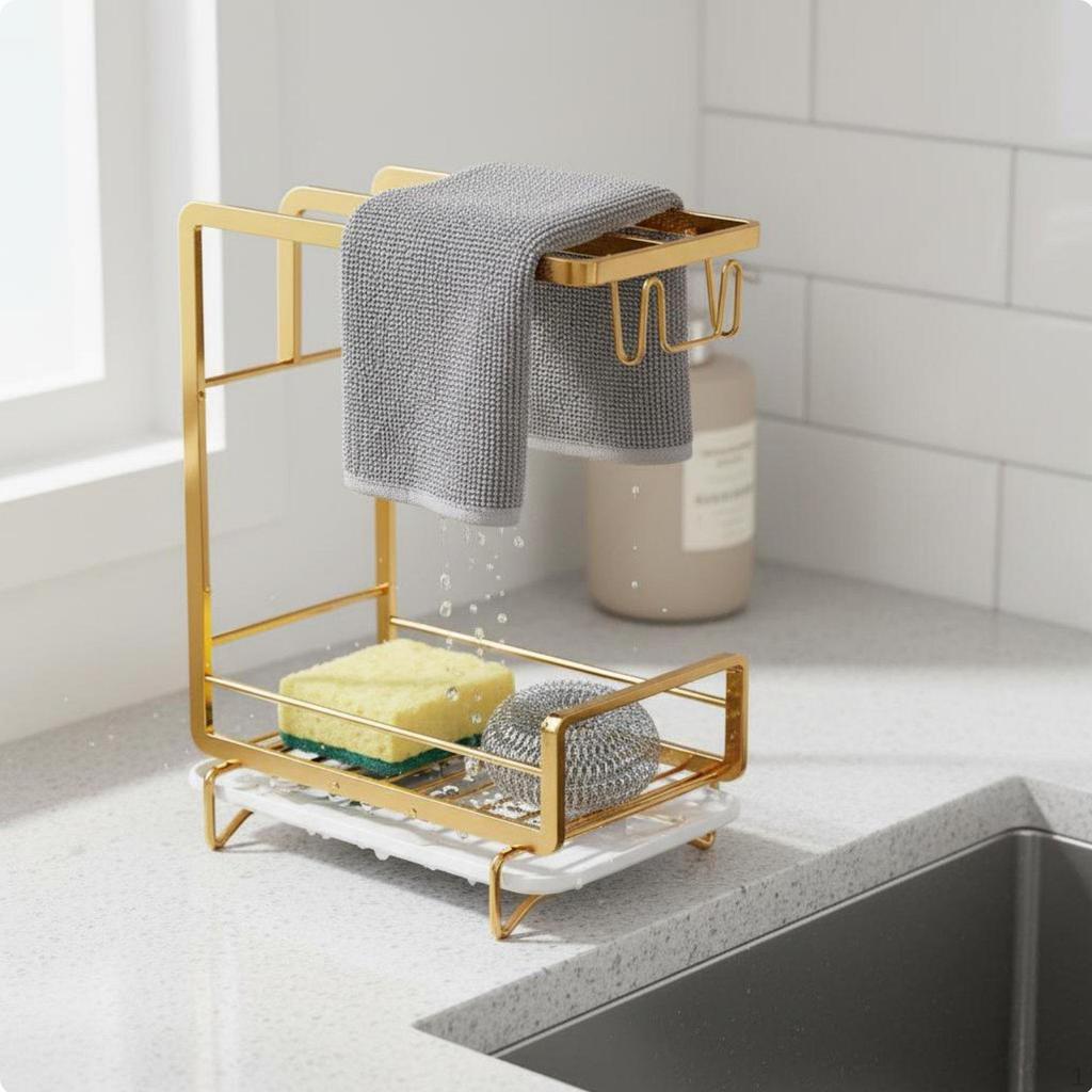 Kitchen Sink Organizer Rack Draining Design Sponge Holder with Dishcloth
