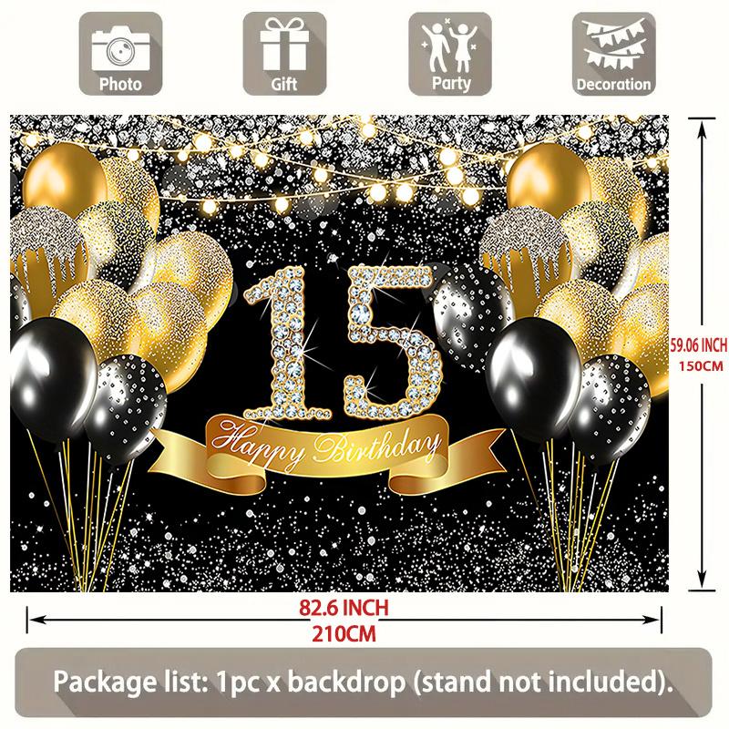 1 piece of 2D flat banner, 15th birthday background, black and gold birthday party decoration, glittering balloon background