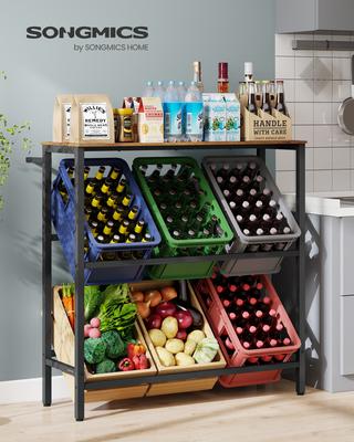 Beverage Crate Rack 2 Tier 6 Crate Storage Rack Each Tier 150kg Steel Drinks Rack Kitchen Living Room Garage Vintage Brown Ink Black