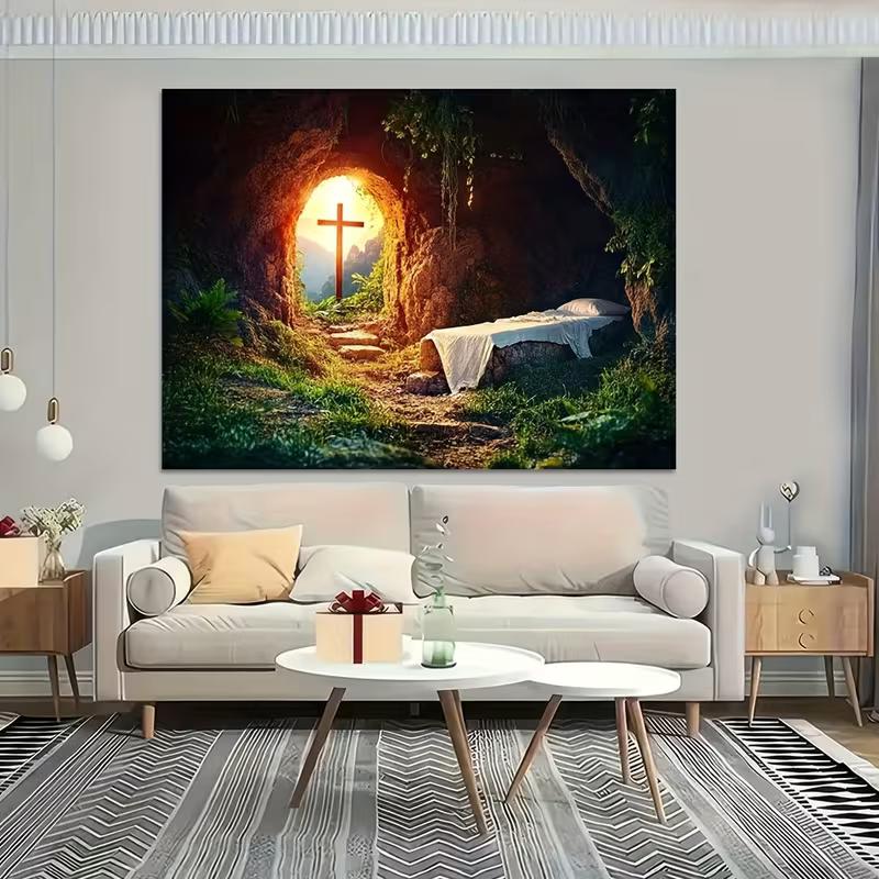 2D Christian Resurrection Backdrop, Empty Tomb with Cross Photography Background