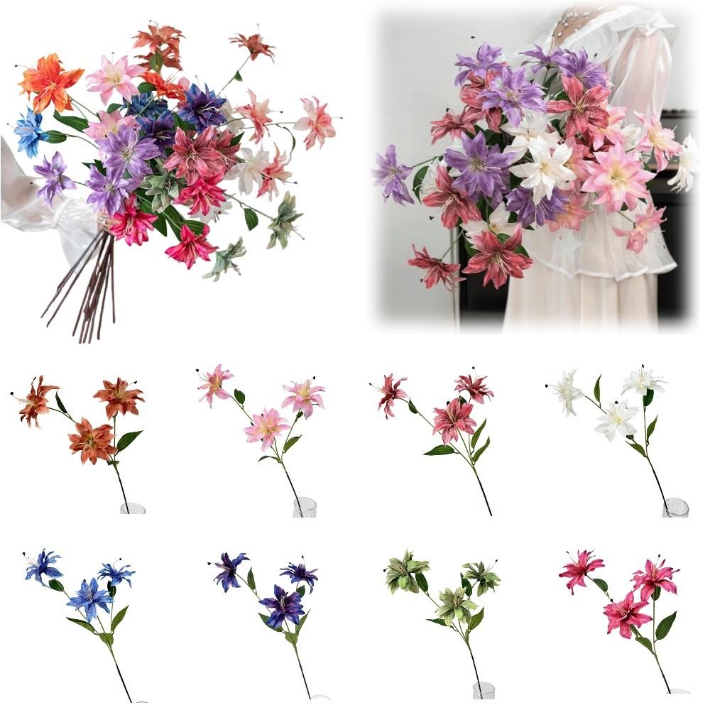 3-headed Lilies Artifiical Flower Branch 86cm Height with Green Leaves Simulation Flower Flexible Stems Lily Fake Flower