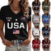 Damen V-Ausschnitt Kurzarm Pullover T-Shirt mit USA Buchstabenaufdruck Lässiger Lockerer Sitz Unabhängigkeitstag Grafik Top