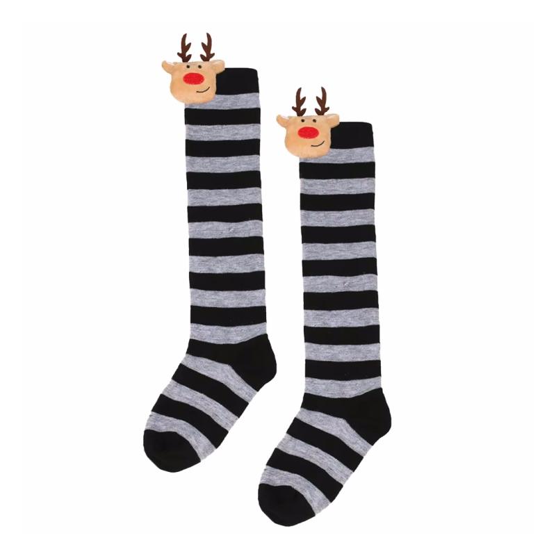 Winter Children's Stockings Striped Christmas Elk Doll High Tube Socks For Girls Boys Knee High Kids Long Sock New Year One Size