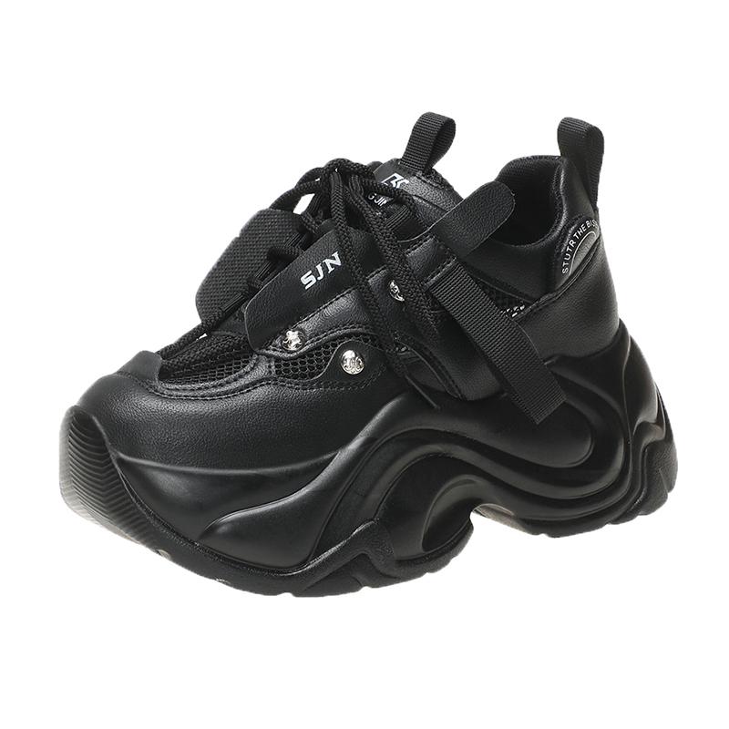 Fashion Fashion Chunky Sneakers Women Autumn Lace Up Platform Sports Shoes Woman 7CM Thick Bottom High Heels Female Leather Sneakers