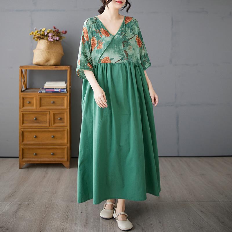 

Dimanaf 2025 Плюс Размер Лето Женщин Базовое Платье Винтаж Цветочный Принт Повседневный Свободный V-образный Вырез Длинное Платье Макси One Size зелёный