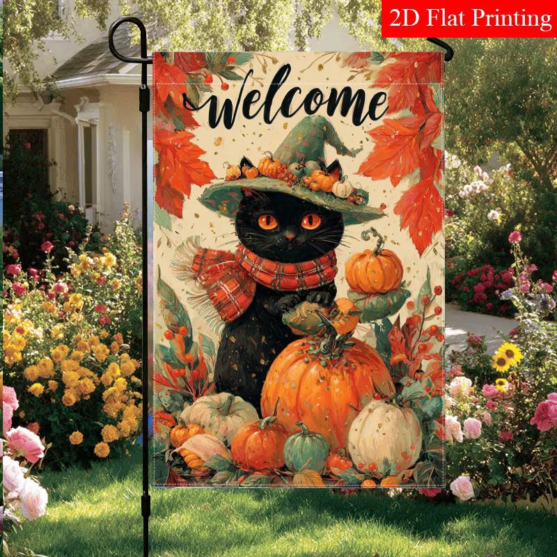 Welcome Autumn Thanksgiving Black Cat Pumpkin Garden Flag_4-28x40 Inch Outdoor Garden Flag Double-sided Home Decoration Courtyard Decoration Outdoor D