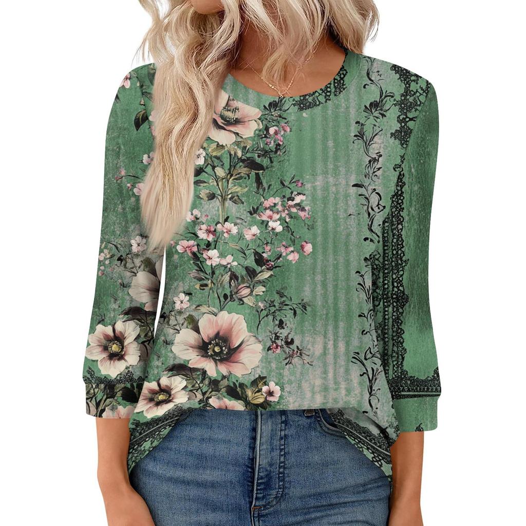 Women's Fashion Casual Round Neck 3/4 Sleeve Loose  Printed T-Shirt Ladies Top
