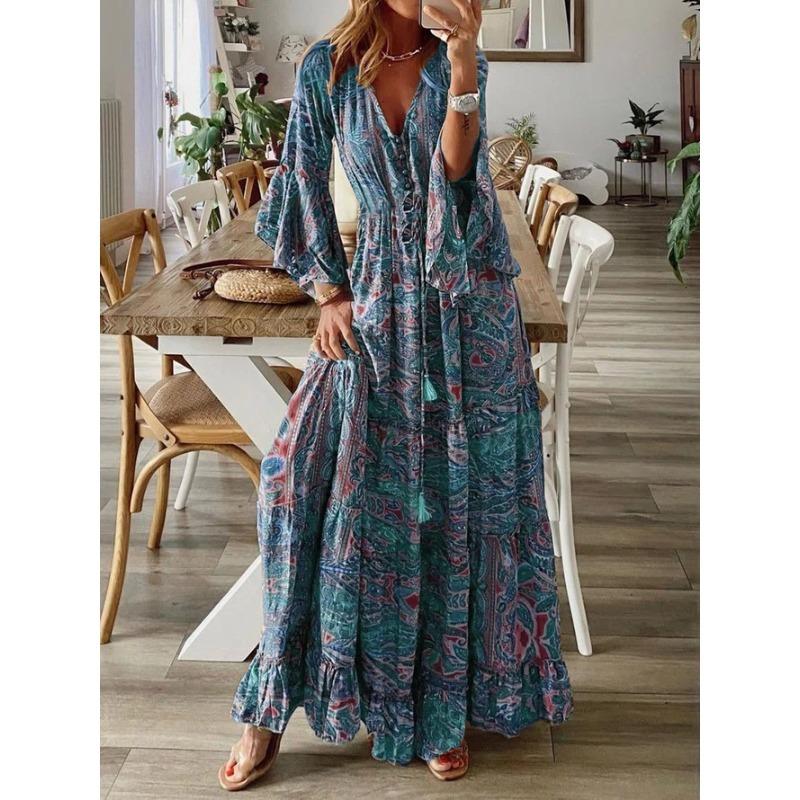 Abito Bohemian da Donna Estate Manica a Svaso Stampa Floreale Scollo a V Ampio Abiti da Donna Elegante Linea ad A Vita Alta Abito da Donna per Vacanze al Mare