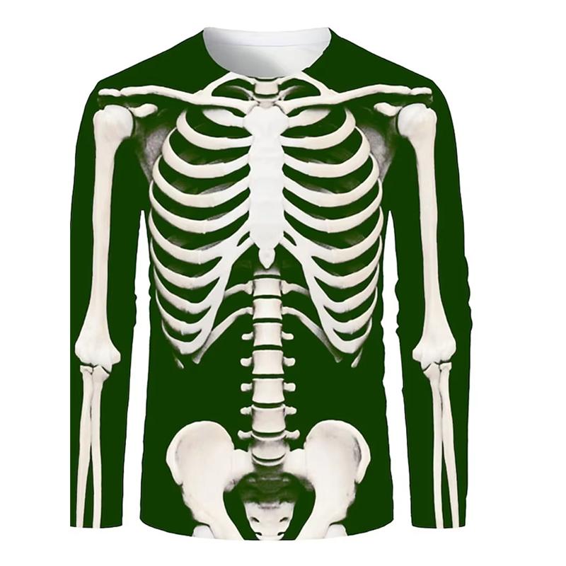 Spring and Autumn Round Neck 3D Skeleton Skull Pattern Printed Top Fashionable Casual Long Sleeved Men's T-shirts