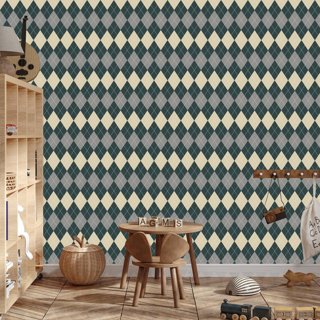 Autumn Plaid Wallpaper Turquoise and Gray for Living Room and Bedroom 50x1000