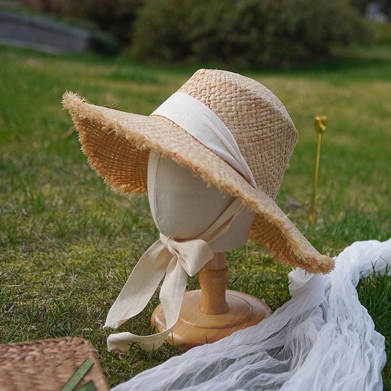 

Hand-woven Raffia Hat Women s Summer Eaves Vacation Wind Flat Top Sun Hat Seaside Beach Burr Straw Hat Adjustable