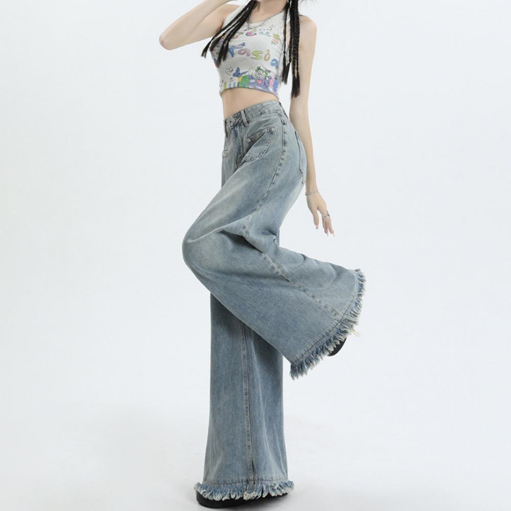 American Old Wide-leg Jeans Autumn High Waist Loose Washed Fringed Rough Edge Retro Mopping Straight Pants Tide