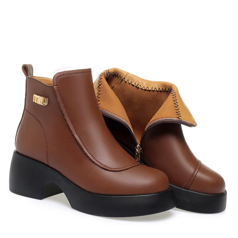 

мода Женская мода осень зима повседневные удобные женские кожаные туфли с круглым носком на молнии квадратный каблук толстая подошва элегантные короткие сапоги 36(Foot23cm)
