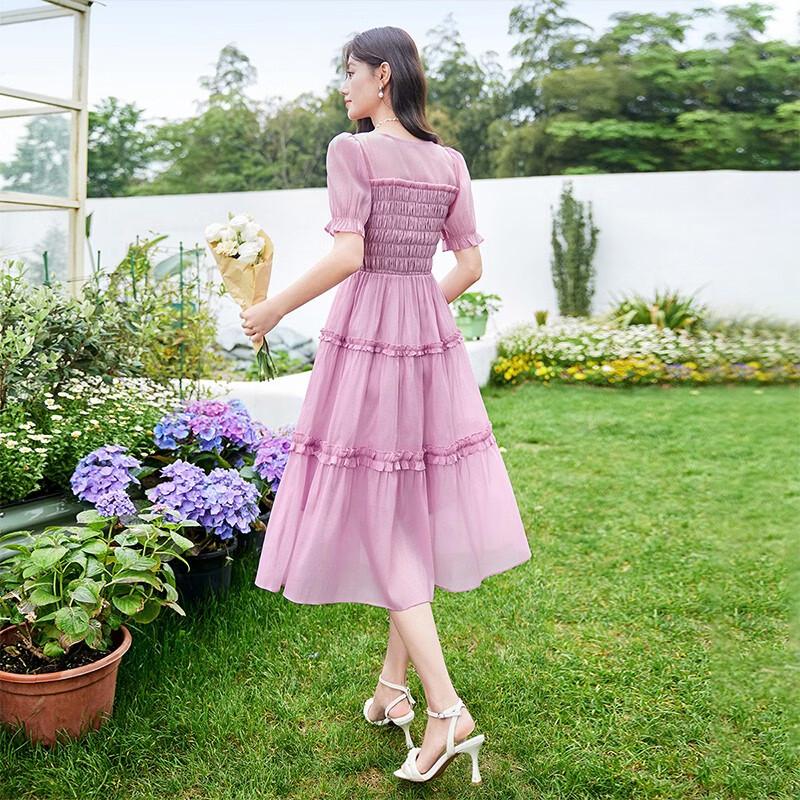 Women's Square Neck Puff Sleeve High-Waist Smocked Midi Dress