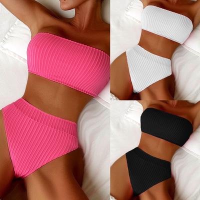 Damen Badeanzug Einfarbig Trägerlos Rückengebunden Hohe Taille Geteilter Badeanzug Bikini Strandmode Badeanzüge