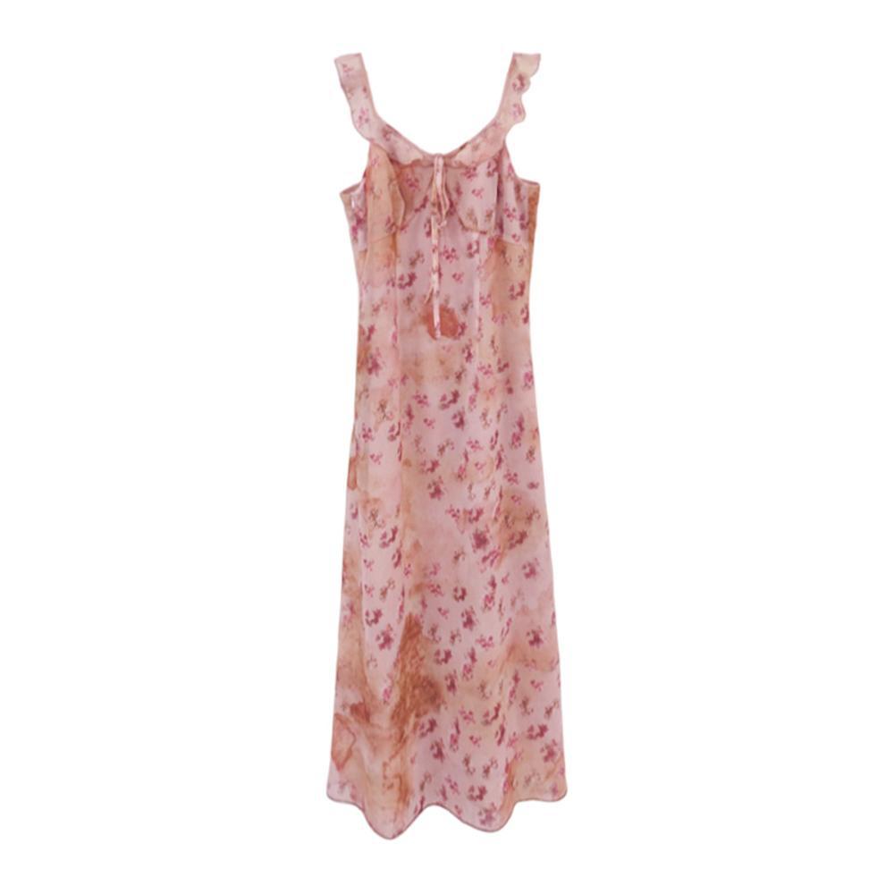 Early summer new pink suspender floral dress casual women's summer French temperament premium hip-wrapped dress