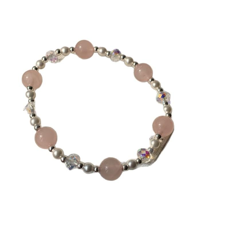 Pink Crystal Blue Chalcedony Beaded Bracelet Women Sweet Style Stackable Hand Jewelry Gift Friends