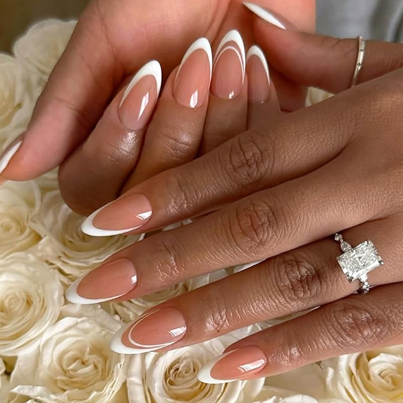 Colorful French Tip Press on Nails Glossy Nude Fake Nails Short Oval Lines Glue on Nails Reusable Acrylic Stick on Nails for Women