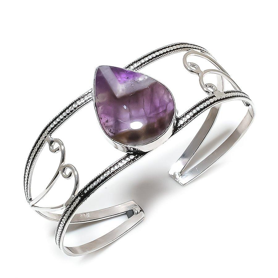 Natural Amethyst Gemstone 925 Sterling Silver Cuff Bangle Adjustable AC-1428