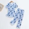 Women's Printed 2 Piece Pajama Set Short Sleeve Round Neck Top Long