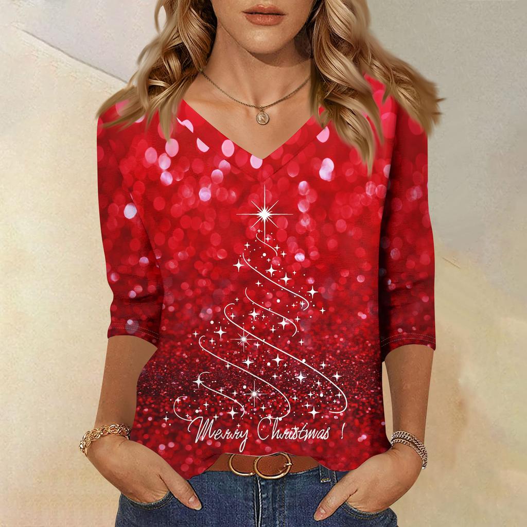 Women's Fashion Casual V Neck 3/4 Sleeve Loose  Printed T-Shirt Ladies Top