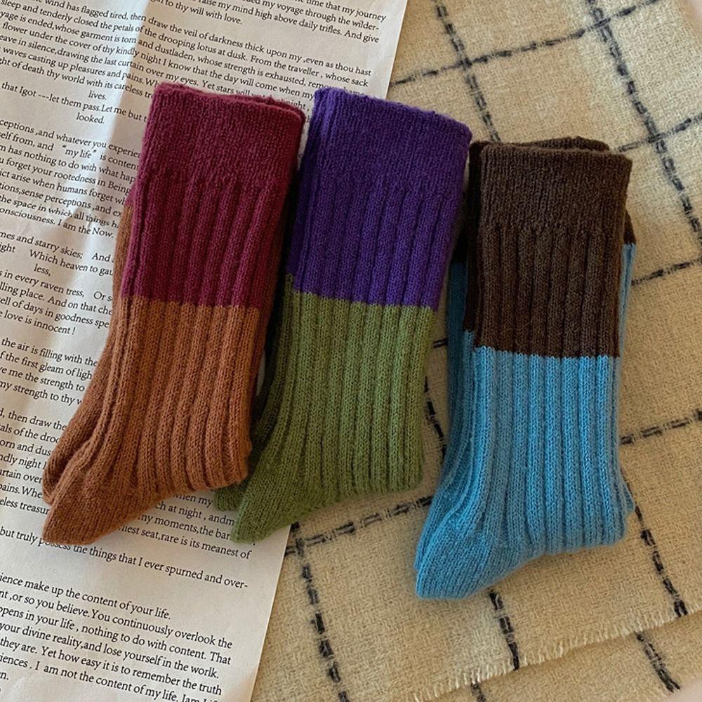 Colour Blocking Mid-Calf Wool Socks Retro Outdoor Wear Short Socks Mid Tube Socks Autumn Winter