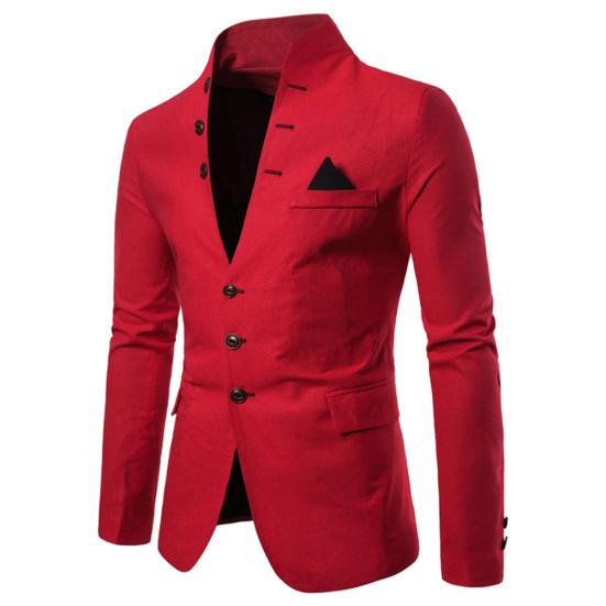 Costume Smoking Blazer Homme Manches Longues Col Montant 3 Boutons Poche Veste Manteau Slim