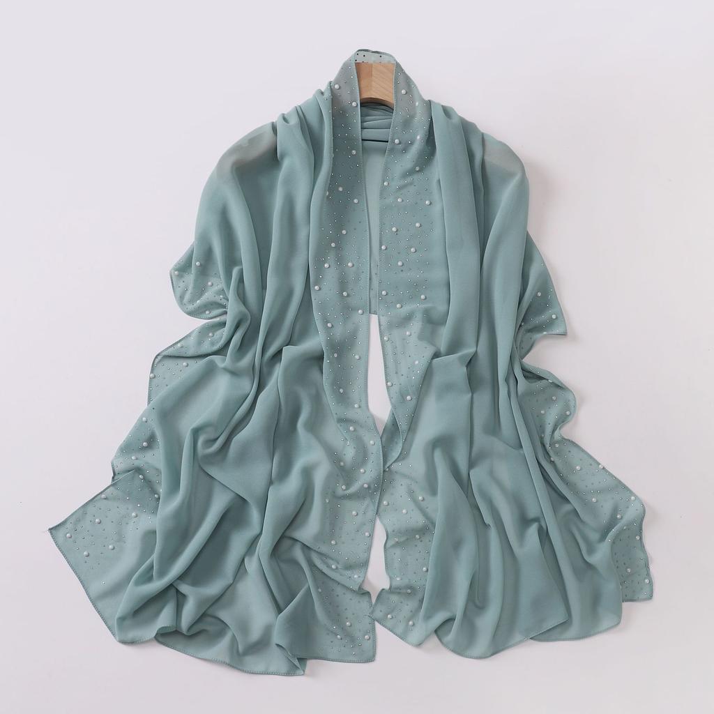 Pearl Chiffon Scarf With Ceramic Diamond Long Shawl For Women