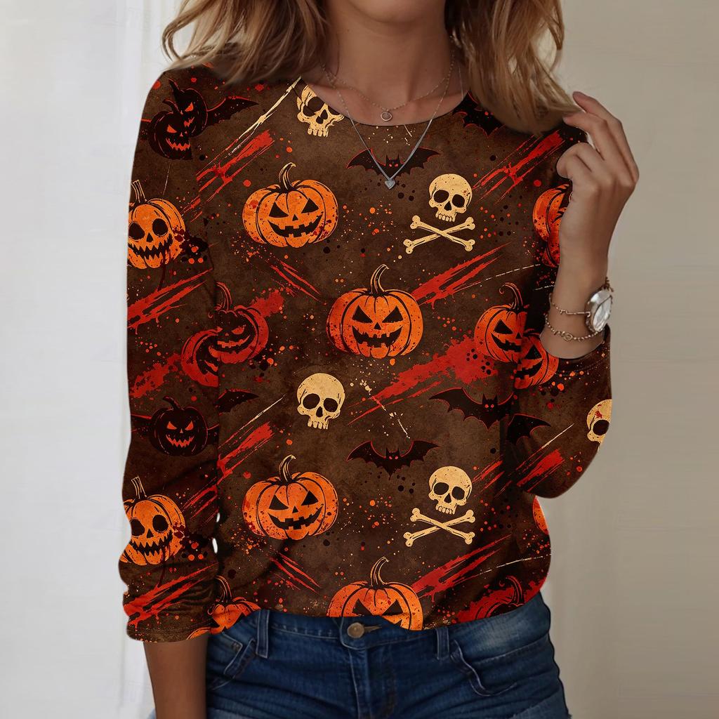 Women's Casual Long Sleeve Halloween Skull Print Pullover Crew Neck Top Lightweight Comfortable Fit for Everyday Wear