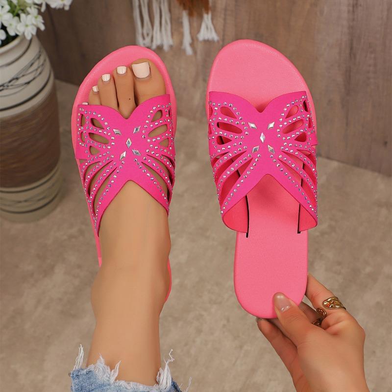 Summer new round head slippers flat bottom hollow butterfly rhinestone word cool slippers women
