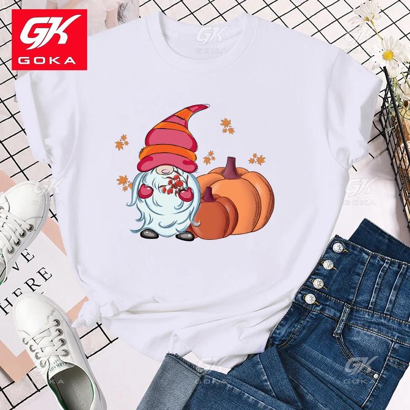 

Premium Cotton T Shirt Cute Fall Gnome Pumpkin Cotton T Shirts for Womens Femme Casual Short Sleeve Round Neck Unisex Tops Tees S