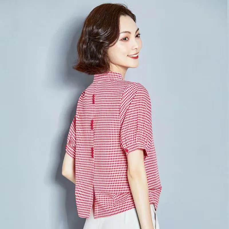 Women's Summer Design V-Neck Chiffon Shirt Plaid Short Sleeve Casual Belly Covering Top