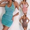 Knit Striped Backless Colorful Dress Women Casual Summer Holiday Package Hip S-L