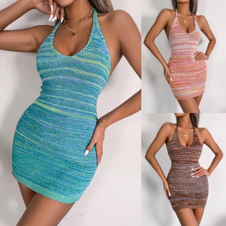 Knit Striped Backless Colorful Dress Women Casual Summer Holiday Package Hip S-L