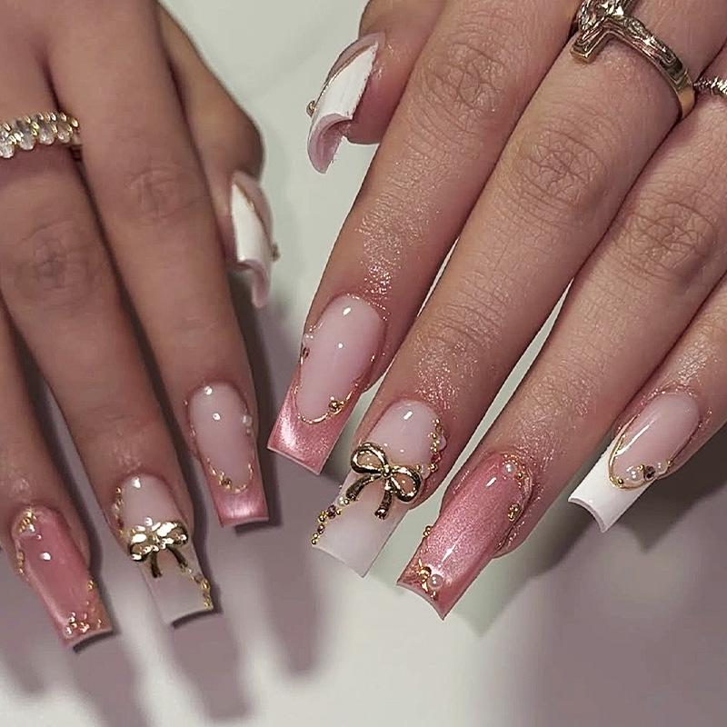 24pcs Cat Eye French Style Super Long Rhinestone-Inlaid Wearable Nail Tips with Bow Design