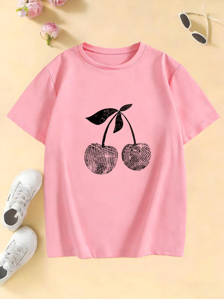 Girls Stylish Cherry T Shirts Short Sleeve Kids Childrens Tshirt Girls Summer Spring Casual Top Tee Shirt
