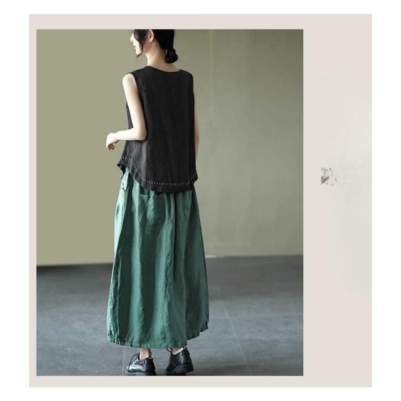 Solid Color Cotton and Linen Embroidered Vest T-shirt Women's Summer Loose Casual Sleeveless Top