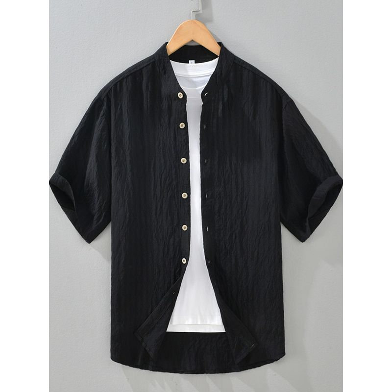 Foreign Trade Surplus Japanese-Style Casual Comfortable Thin Short-Sleeve Shirt for Men, Loose Trendy Chinese Style Stand Collar White Shirt