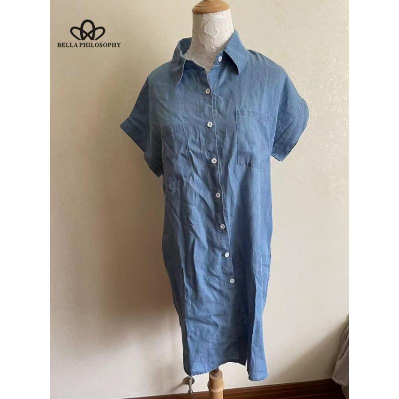 Short Sleeve Slim Fit Denim Dress Mid-Length Women's Dress Fashionable Street Style Casual Style