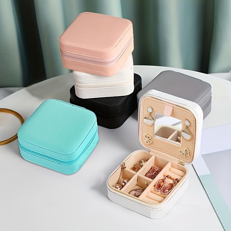 Solid Color PU Leather Mini Jewelry Box, Portable Travel Finishing Box with Mirror, Lightweight Dust Necklace Ring Earrings Storage Box