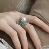 Vintage Copper Color Imitation Pearl Ring For Women Retro Carved Pattern Open Wide Band Ring Bohemian Gothic Statement Jewelry
