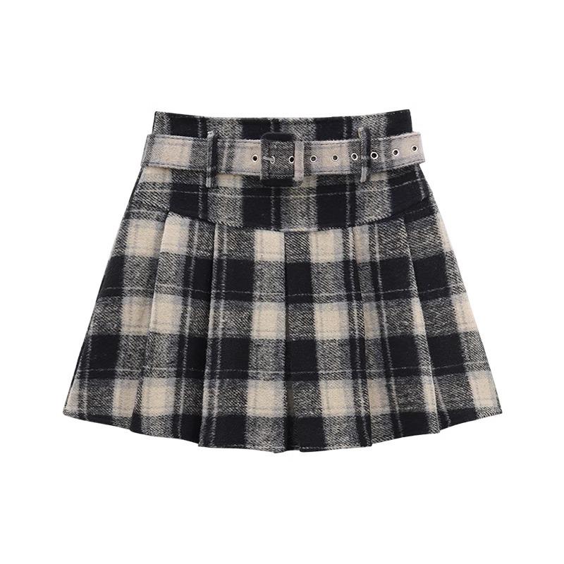 Women's Retro Plaid Wool-Blend A-Line Skirt: High Waist, Slimming, Pleated, Petite, for Spring/Autumn 2025