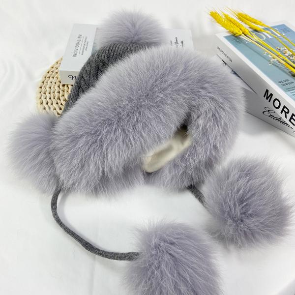 Winter Hats Women Natural Fox Fur Fuffy Warm Fashion Stylish Knitted Pompom Girls Fur Hat