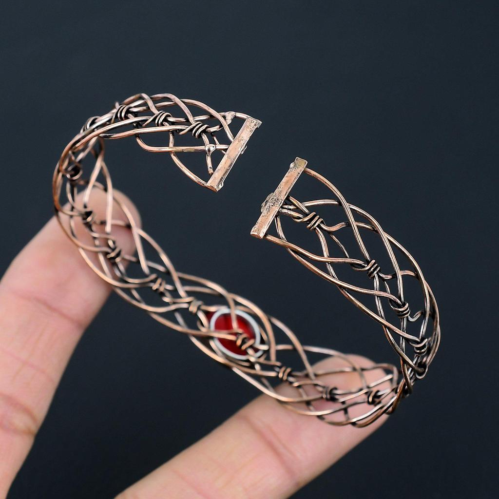 Red Coral Gemstone Handmade Pure Copper Wire Wrap Adjustable Bracelet For Women